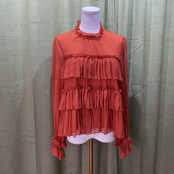 Adam Lippes Orange Cuffed Sleeve Blouse with Mandarin Collar, US0 - Picture 9 of 16